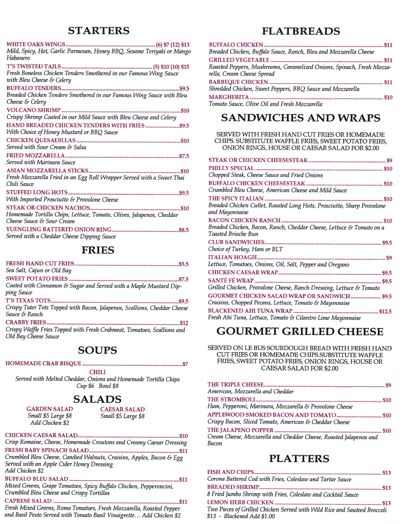 Oak Room Menu White Oaks Country Club